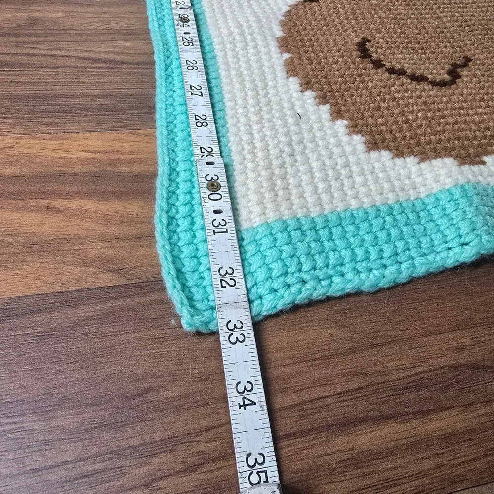 Handmade Crochet Baby Blanket Teddy Bear Aqua Yellow Bow Lollipop Vtg‎ Design